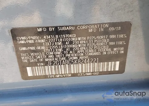 2019 Subaru Crosstrek 2.0I z USA, uszkodzony, nr VIN JF2GTABC5K8244221